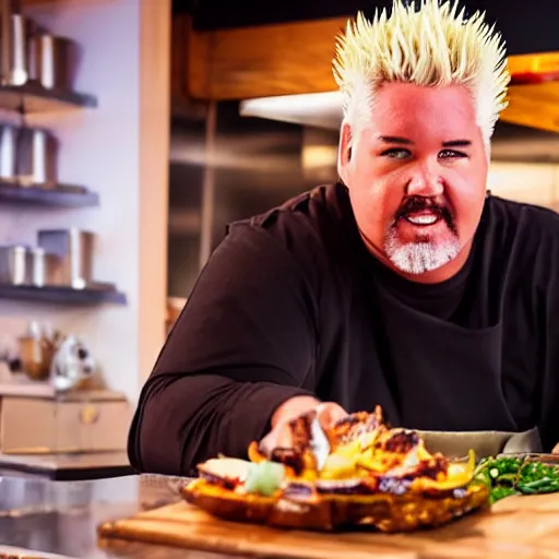 Image similar to Guy Fieri in a modern restaurant kitchen, hyper-realistic, 8k, dramatic lighting, at night, sharp focus