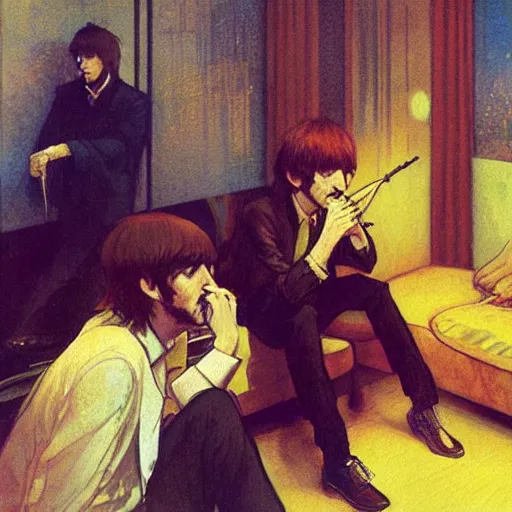 Prompt: The Beatles smoking weed in a hotel room with Bob Dylan, yellow theme, by krenz cushart and mucha and yoneyama mai and greg rutkowski