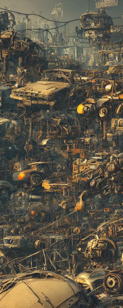 Image similar to an intricate concept art of a robot junk yard behind chainlink fence with warning sign, cinematic, post - apocalyptic, matte painting, ultra detail, concept art, hyper realistic, cgsociety, artstation, deviantart, style by feng zhu and dylan cole, octane render, anime style