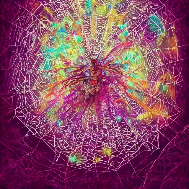 Prompt: sacred geometry spider web with fractal gems, fractal crystals, very intricate, hyper realistic, octane render, very colorful, vibrant, cinematic, amazing details, by james jean, by brian froud, by ross tran, by alphonse mucha
