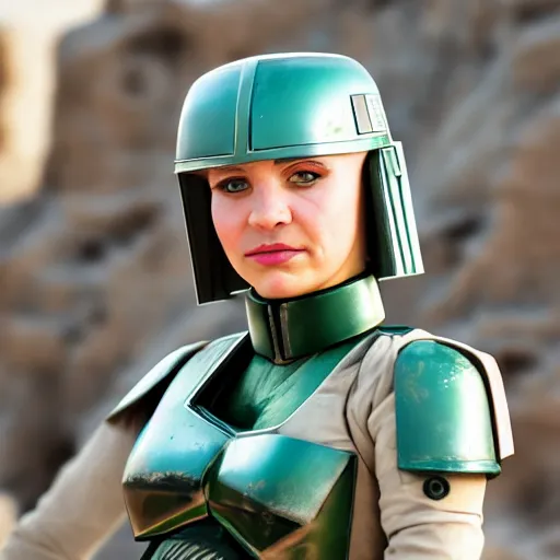 Prompt: 50mm portrait of female Bobafett at Mos Eisley spaceport