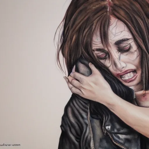 Image similar to Hot young woman, grey skin, void eyeballs, tattoos, wearing a leather jacket, hugging a shrouded person as they cry on her chest, comforting, touching, wholesome, painting, art, watercolour, siblings 4k, 8k