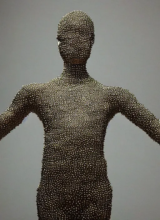 Image similar to a figurative sculpture made of one million tiny reflective spheres