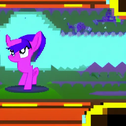 Prompt: climactic cutscene of Queen Twilight Sparkle from My Little Pony as the epic final boss in a fast-paced 1v1 side scroller emotional thrillride #1 indie game on Steam. Mindblowing pixel art, gradient palette, particles, post-processing. Artstation intricate detail.