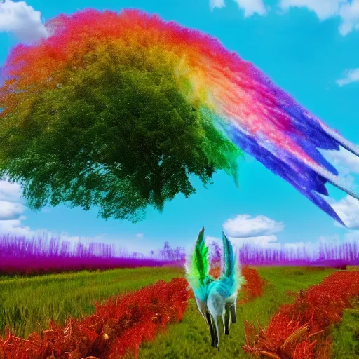 Prompt: a colorful unicorn with wings eating in a field of marijuana, photography, 8 k, highly detailed, ultra realistic, path traced