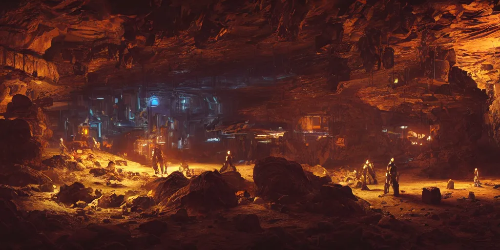 Image similar to mechanoids mining resources in a cyberpunk cave with minimal lighting in the style of thomas cole, cinematic lighting, raytracing, 8 k, octane render, volumetric, vivid, beautiful, hyperrealism