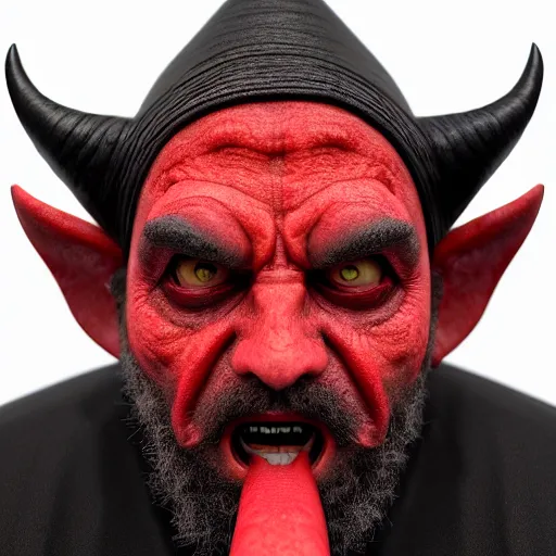 Image similar to A portrait of a Rabbi that is the devil with horns looking at the camera in anger, satan, red skin, dark, ominous, haunting, sinister, close-up, studio lighting, realism, 8k, 3D render, octane 3D, maya, cinema 4D, Blender, red lighting, scary, horror, dark,