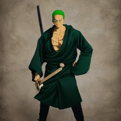 Prompt: A full portrait photo of real-life zoro one piece, f/22, 35mm, 2700K, lighting.