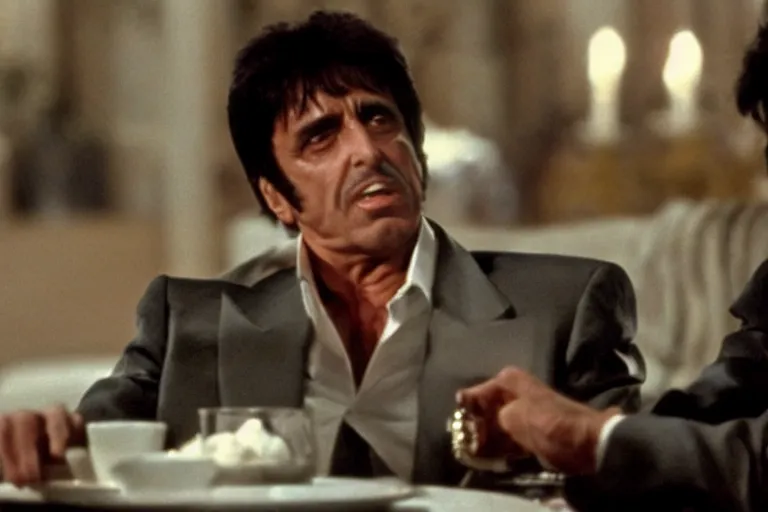 Prompt: tony montana from movie scarface 1 9 8 3 sitting behind a big black oak table with big large packages of flour. al pacino. perfect symmetric face, coherent eyes, close up, fine details, 4 k, ron cobb. last scene from scarface movie