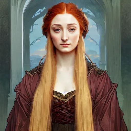 Image similar to portrait of sansa stark with long hair, intricate, elegant, highly detailed, digital painting, artstation, concept art, smooth, sharp focus, illustration, art by artgerm and greg rutkowski and alphonse mucha and william - adolphe bouguereau