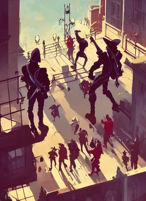 Prompt: looking down on the bloody fights in the streets during the french revolution, in the style of artgerm, gerald brom, atey ghailan and mike mignola, vibrant colors and hard shadows and strong rim light, plain background, comic cover art, trending on artstation