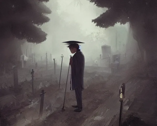 Image similar to a 50 year old brunnete chinese man Standing at a funeral in a cemetery next to the grim reaper, horror scene, dramatic, anime art, Greg Rutkowski, studio ghibli, dramatic lighting