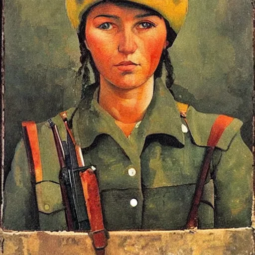 Image similar to soviet painting of female soviet partisan by isaak brodsky, walter womacka, czeslaw znamierowski, vladimir pchelin, kuzma petrov - vodkin, igor berezovsky