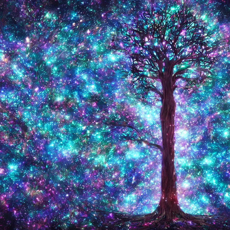 Image similar to cosmic tree of life made of stars, center composition, cinematic, trending on artstation, low level, 4K UHD image, octane render,