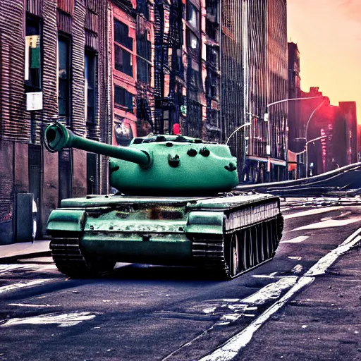 Prompt: tank on the streets of new york city, reflections, award winning photograph, sunset, desolate, atmospheric