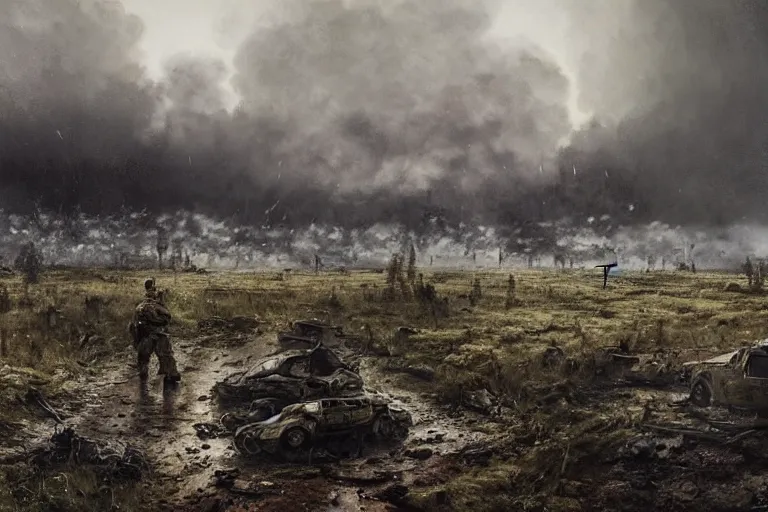 Image similar to desolate battleground, soldiers laying on the ground, thick dark smoke, vehicles on fire, heavy rain from thick clouds, mushroom cloud in the background, bleak, melancholy atmosphere, 4k artwork by Gregory Crewdson and Grzegorz Domaradzki and Ivan Shishkin and Jakub Rozalski