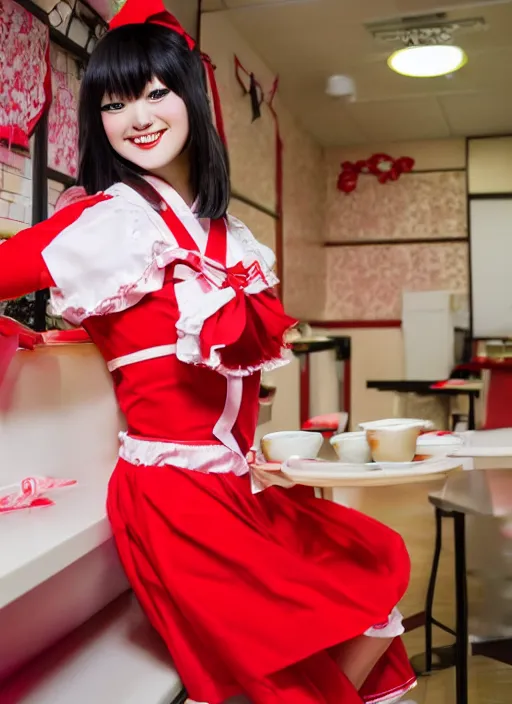 Image similar to a japanese idol dressed in red maid costume in a maid cafe, cute pose, 8 k, photography,