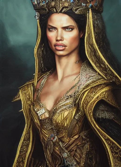 Image similar to portrait of adriana lima as queen in intricate dress, fantasy, artstation, by roberto ferri, fantasy, witcher, very detailed oil painting, masterpiece, 8 k