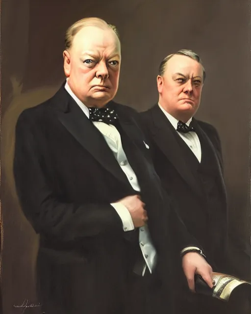 Prompt: Winston Churchill and Franklin Delano Roosevelt, oil on canvas, artstation, by J. C. Leyendecker and Edmund Blair Leighton and Charlie Bowater, octane