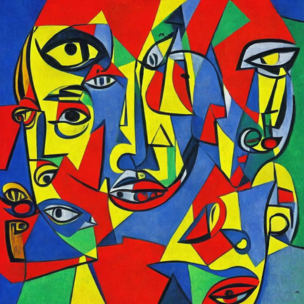 Prompt: abstract art of a face, multiple colors, by pablo picasso