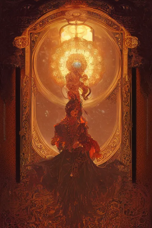 Image similar to tarot card artstation, portrait of a tarot card reader, sunrise, baroque ornament and rococo ornament, ancient chinese ornate, hyperdetailed, beautiful lighting, craig mullins, mucha, klimt, yoshitaka amano, red and gold and orange color palatte