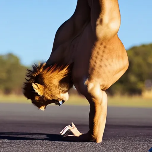 Image similar to an athletic anthropomorphic lioness doing a handstand