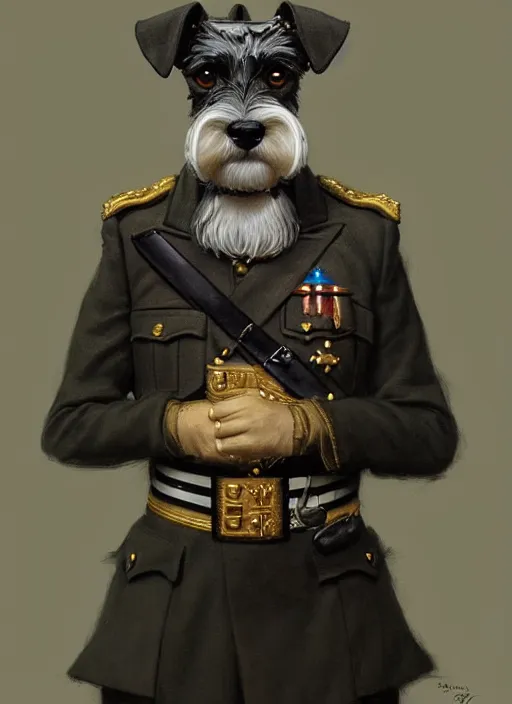 Image similar to portrait of stoic looking miniature schnauzer, military uniform, black fir, white eyebrows, fantasy, intricate, elegant, highly detailed, centered, dark, smokey, digital painting, artstation, concept art, smooth, sharp focus, illustration, art by artgerm and greg rutkowski and alphonse mucha