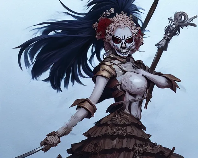  anime payaso chica guerrera luchando contra un esqueleto confiado