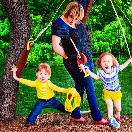 Prompt: family of circle shapes pushing kid on a tree swing, modern cartoon style, bold colors, indigo, mustardy yellow, pea green