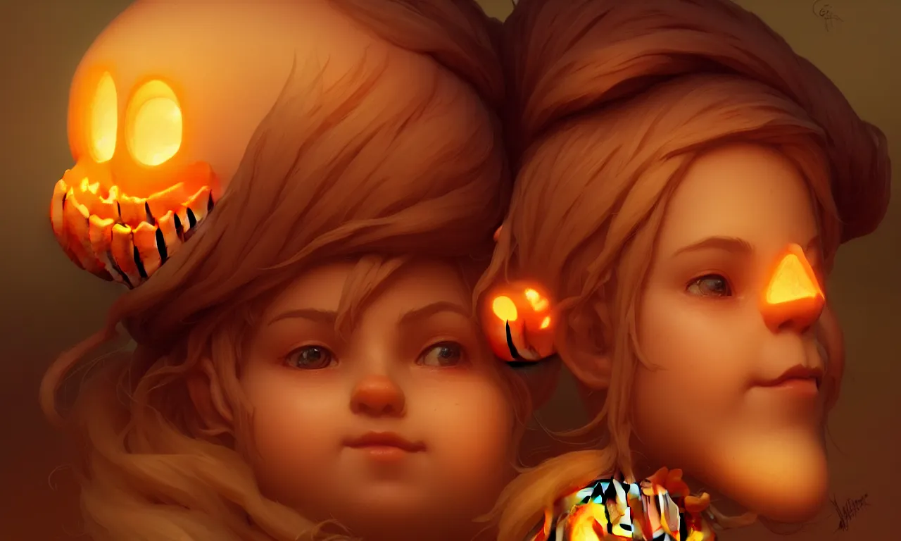 Image similar to hand drawn cute one gnomes face in autumn and pumpkin, detailed closeup face, concept art, low angle, high detail, warm lighting, volumetric, godrays, vivid, beautiful, trending on artstation, art by artgerm and greg rutkowski and alphonse mucha