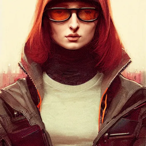 Image similar to sophie turner, streetwear, techwear, cyberpunk style outfit, nose piercing, detailed portrait, intricate complexity, by greg rutkowski, cushart krentz, artgerm, ross tran, conrad roset, takato yomamoto, ilya kuvshinov. 4 k, beautiful, cinematic dramatic atmosphere, portrait lighting