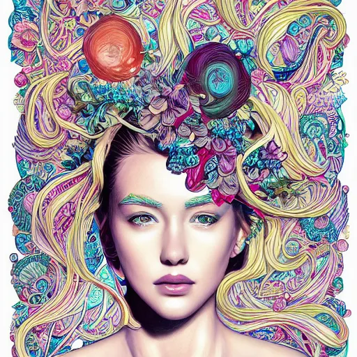 Image similar to a portrait of an incredibly beautiful, colorful, graceful, elegant, and sophisticated young blonde girl made of garlic, an ultrafine detailed illustration by james jean, intricate linework, bright colors, final fantasy, behance contest winner, vanitas, angular, altermodern, unreal engine 5 highly rendered, global illumination, radiant light, detailed and intricate environment