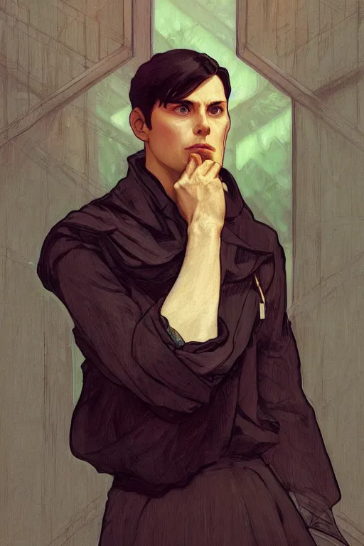 Image similar to cottagecore, man, Levi Ackerman, short hair, pointy nose, annoyed, wearing a maid outfit.elegant. highly detailed, digital painting, artstation, concept art, smooth, sharp, focus, illustration. art by artgerm and greg rutkowski alphonse mucha and Marat Safin