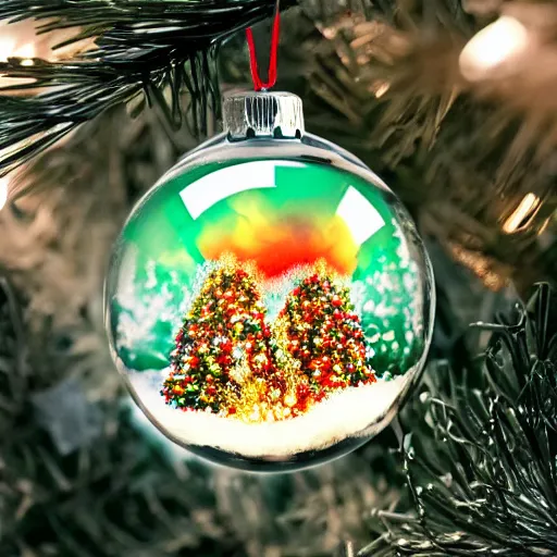 Prompt: photo of a nuclear blast inside a clear glass christmas ornament