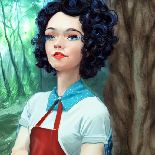 Image similar to a portrait of a 1 9 6 0 s woman with curly black hair and blue eyes, and an apron in the forest, dynamic lighting, fantasy concept art, trending on art station, stunning visuals, cinematic, ultra detailed