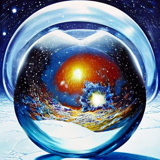 Prompt: “ depiction of the beginning of the universe inside a snow globe, surreal, award winning, highly detailed, style by mark rogers, paul bonner, oil on canvas. ”