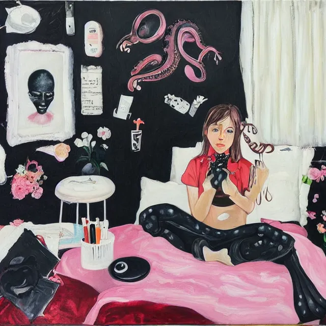 Image similar to a portrait in a female artist's bedroom, black walls, emo girl eating pancakes, sheet music, berries, surgical supplies, handmade pottery, flowers, sensual, octopus, neo - expressionism, surrealism, acrylic and spray paint and oilstick on canvas