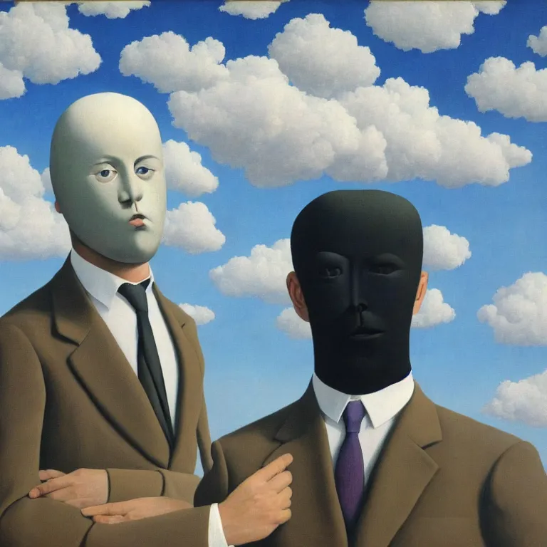 Image similar to portrait of a faceless chrome - head man in a suit, clouds in the background, by rene magritte, detailed painting, distance, centered, hd, hq, high resolution, high detail, 4 k, 8 k