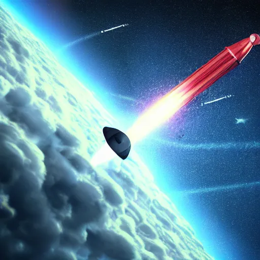 Prompt: Award-winning photograph of a missile hitting a spaceship in outer space, 8K dramatic