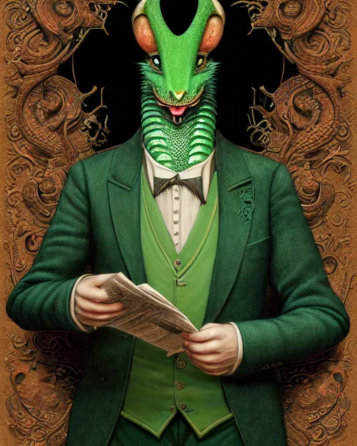 Image similar to anthropomorphic art of a businessman dragon, green dragon, portrait, victorian inspired clothing by artgerm, victo ngai, ryohei hase, artstation. fractal papers, newspaper. stock certificate, highly detailed digital painting, smooth, global illumination, fantasy art by greg rutkowsky, karl spitzweg, jc leyendecker