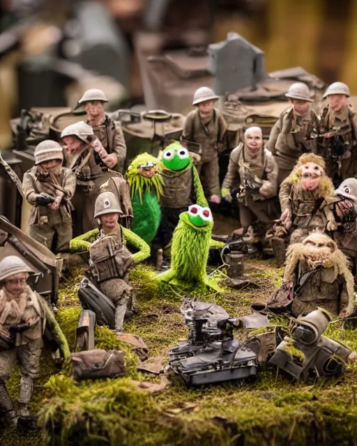 Image similar to high quality presentation photo of a detailed miniature diorama muppets in wwii, photography 4k, f1.8 anamorphic, bokeh, 4k, Canon, Nikon