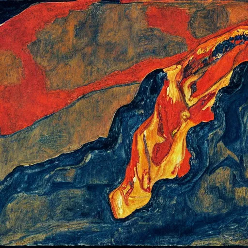 Image similar to painting of an erupting volcano in the style of egon schiele