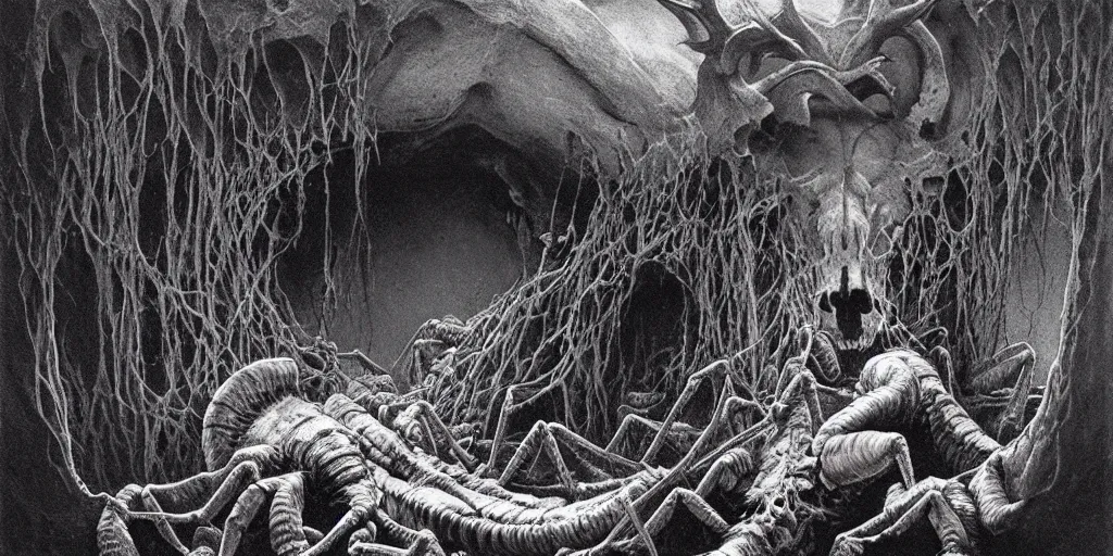 Prompt: hordes of tiny scorpions crawling through the cavities of a ((large moose skull)), Zdzislaw Beksinski, Wayne Barlowe, gothic, cosmic horror, worm's-eye view, close-up, dystopian, biomorphic, lovecraftian, amazing details, cold hue's