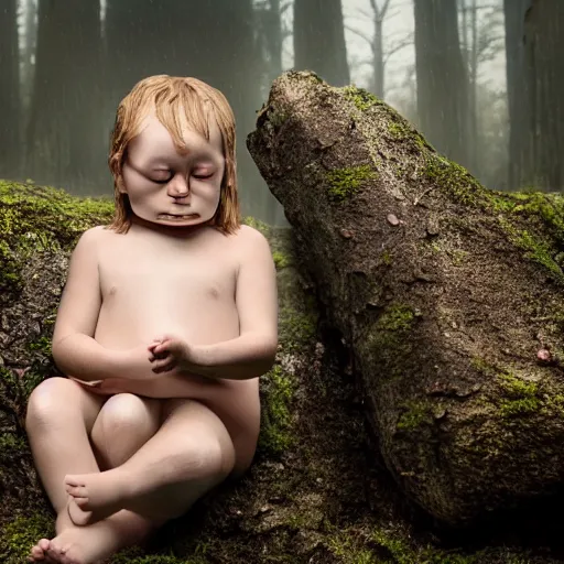 Image similar to Realistic Cute Marshmallow kid crying in the raining forest sitting on a rock, sad, cloudy, rainy, movie shot, studio shot, studio lighting, 8k