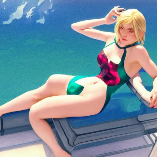 Image similar to gwen stacy in a swimsuit, relaxing in a hot tub, cg animation, riot entertainment, arcane, realistic, character select portrait, by artgerm, greg rutkowski, alphonse mucha, 3 d