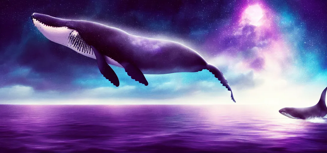 Image similar to an epic wide angle shot of a lonely whale flying above the sea, cosmic starry sky, concept art, purple theme atmospheric lighting by leesha hannigan