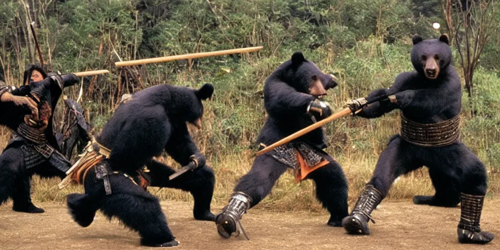 Image similar to scene from Kagemusha, 1980, movie still, cinematic, anthropomorphic, half man half asian black bear, black bear samurai, Moon Bear Samurai, epic, samurai