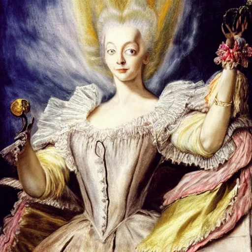 Prompt: Marie Antoinette levitating over the seas. By El Greco, Remedios Varo, Salvador Dali, Carl Gustav Carus, John Atkinson Grimshaw. Award winning, trending on artstation, masterpiece, highly detailed.