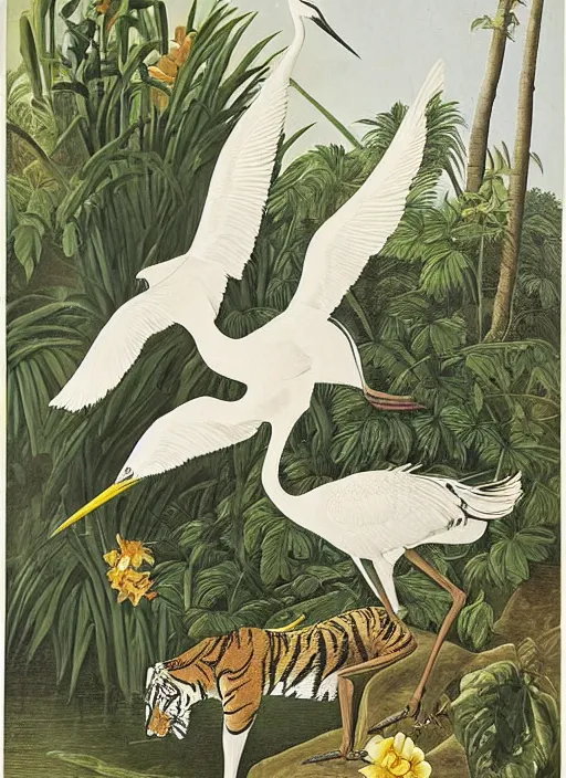 Image similar to tiger hunting a white crane, tropical plants, botanical, large exotic flowers, biology, by artist john audubon