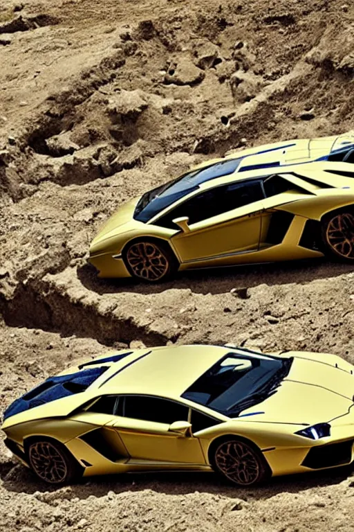 Image similar to Fossilized Lamborghini Aventador found in ancient archeological dig, national geographic photo.